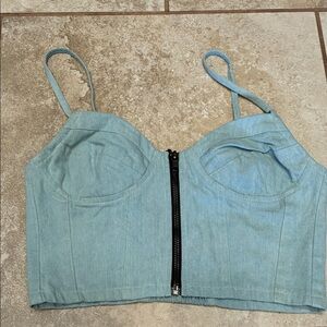 Sky Blue Denim Crop Top with Front Zipper